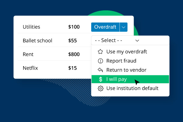 Dropdown menu with payment option selected